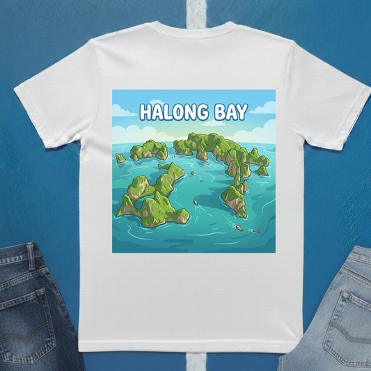 White t-shirt with a graphic of Halong Bay and 'HALONG BAY' text on a blue background